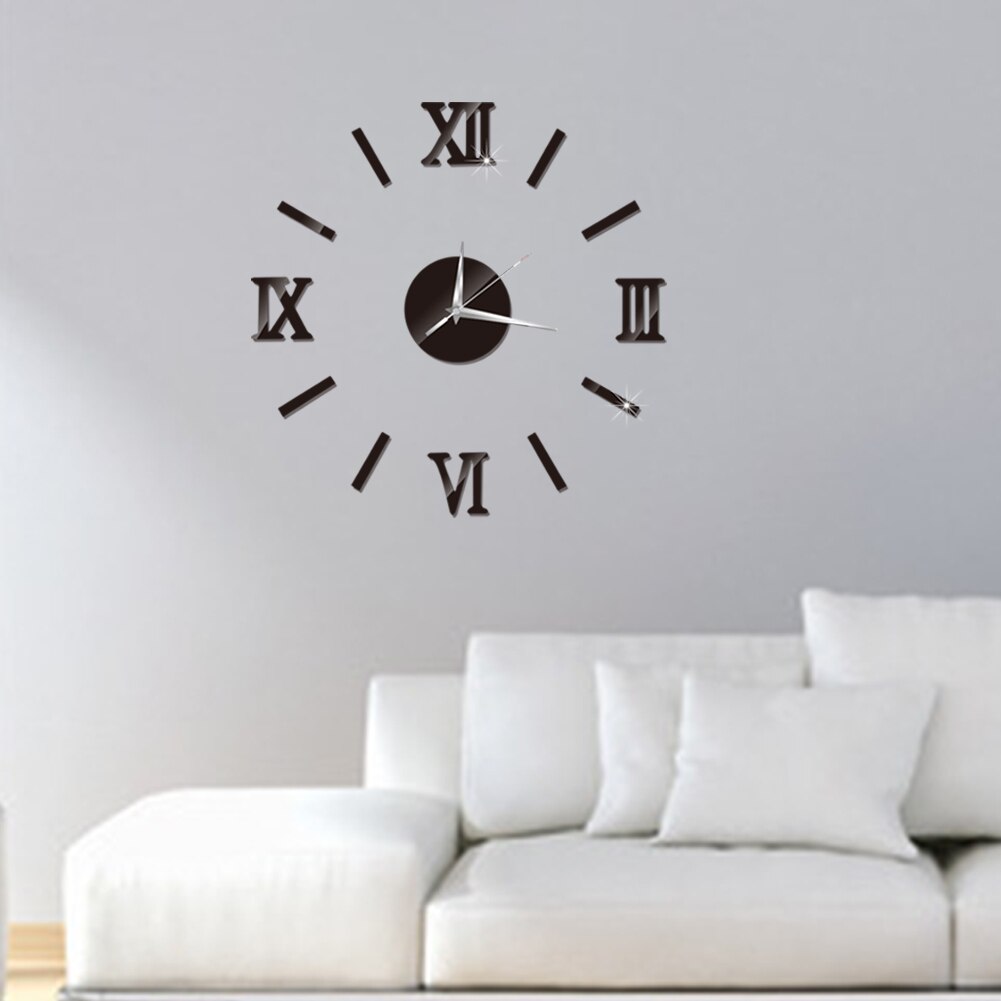 Moderne Diy Aantal Wandklok 3D Spiegel Oppervlak Sticker Home Decor Art Giant Wandklok Horloge Met Romeinse Cijfers Grote klok: Black