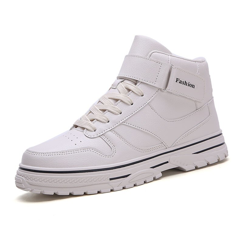 Winter Men's Leather High Cut Casual Shoes White Beige Ankle Boots Man: beige / 6.5