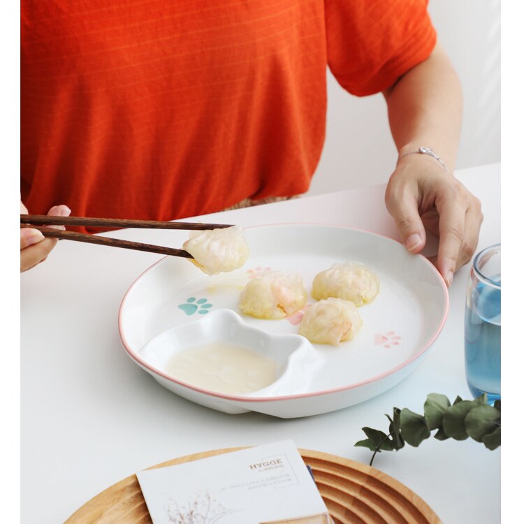 Home Ceramic Dinner Plate Cute Cat Child Food Supplement With Dipping Dish Dumpling Breakfast Plate Restaurant Utensils