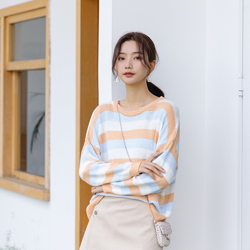 Koreansk stil dam tröja höst lat regnbåge randig lös söt tröja långärmad stickad tröja dam rund hals dam