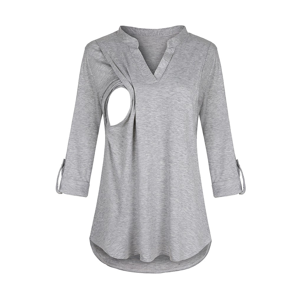 Femmes maternité Blouse grossesse à manches longues rayé Blouse d'allaitement printemps automne décontracté grossesse vêtements pour l'allaitement: Gris / S