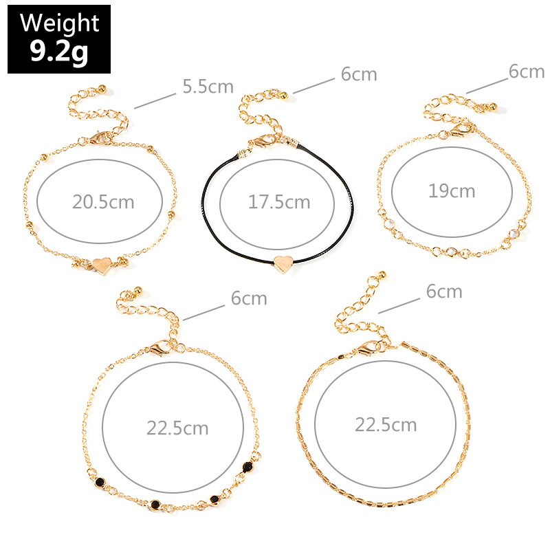 5pcs/set Simple Gold Chain Heart Anklet Sets For Women Bohemian Bracelet on Leg Ankle Strap Girls Anklets Foot Jewelry