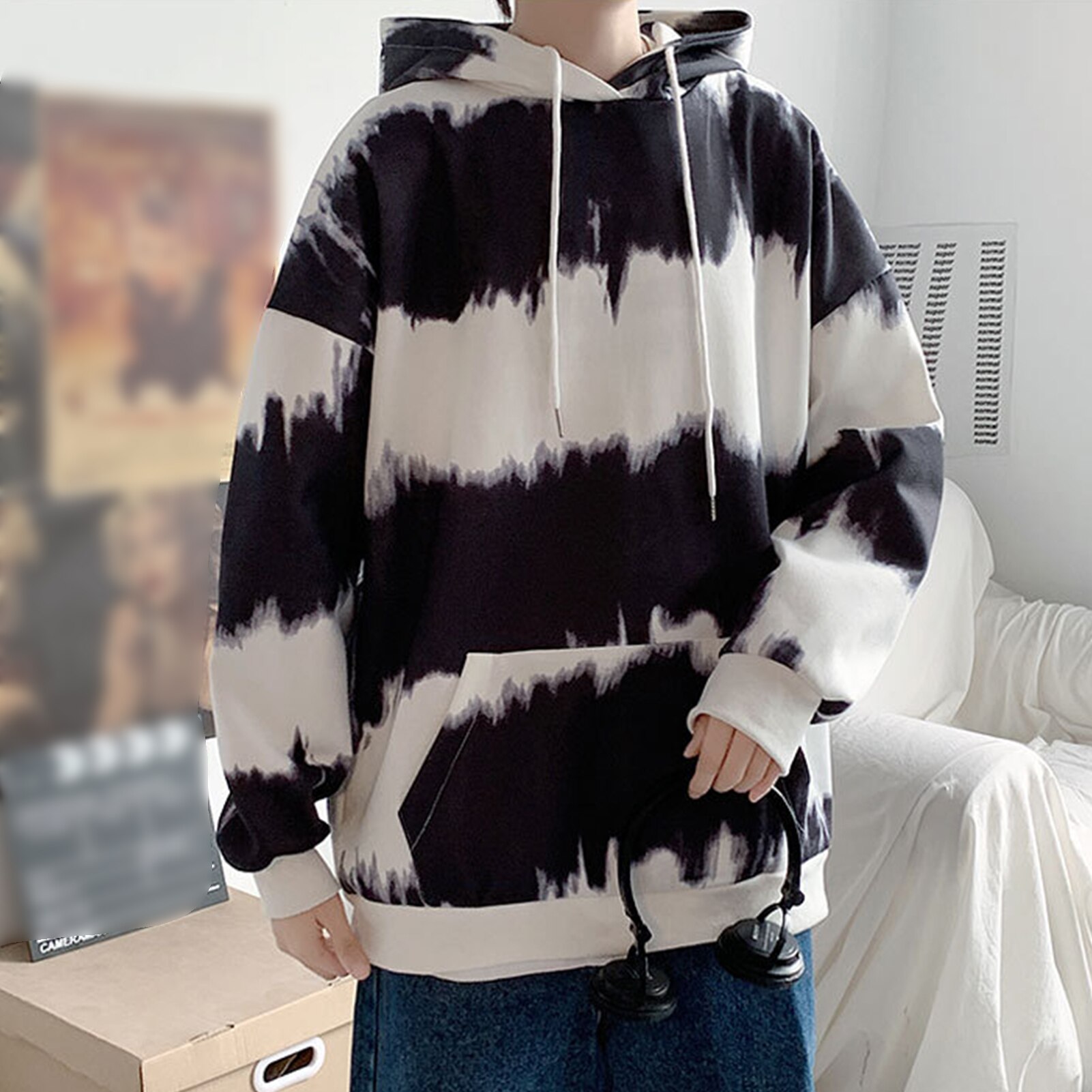 Men Women Long Sleeve Oversized Hoodie Tie Dye Gradient Color Pocket Sweatshirt