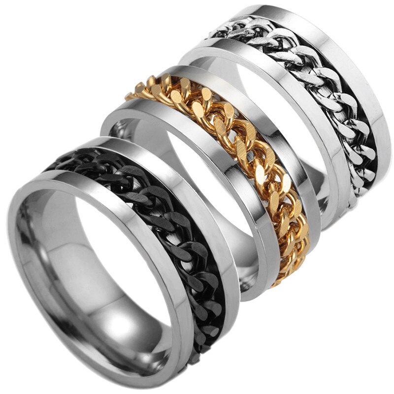 Punk Rock Men Spinner Ring Titanium Stainless Steel Gold Black Chain Rotable Rings For Women Accessories Size 6-10