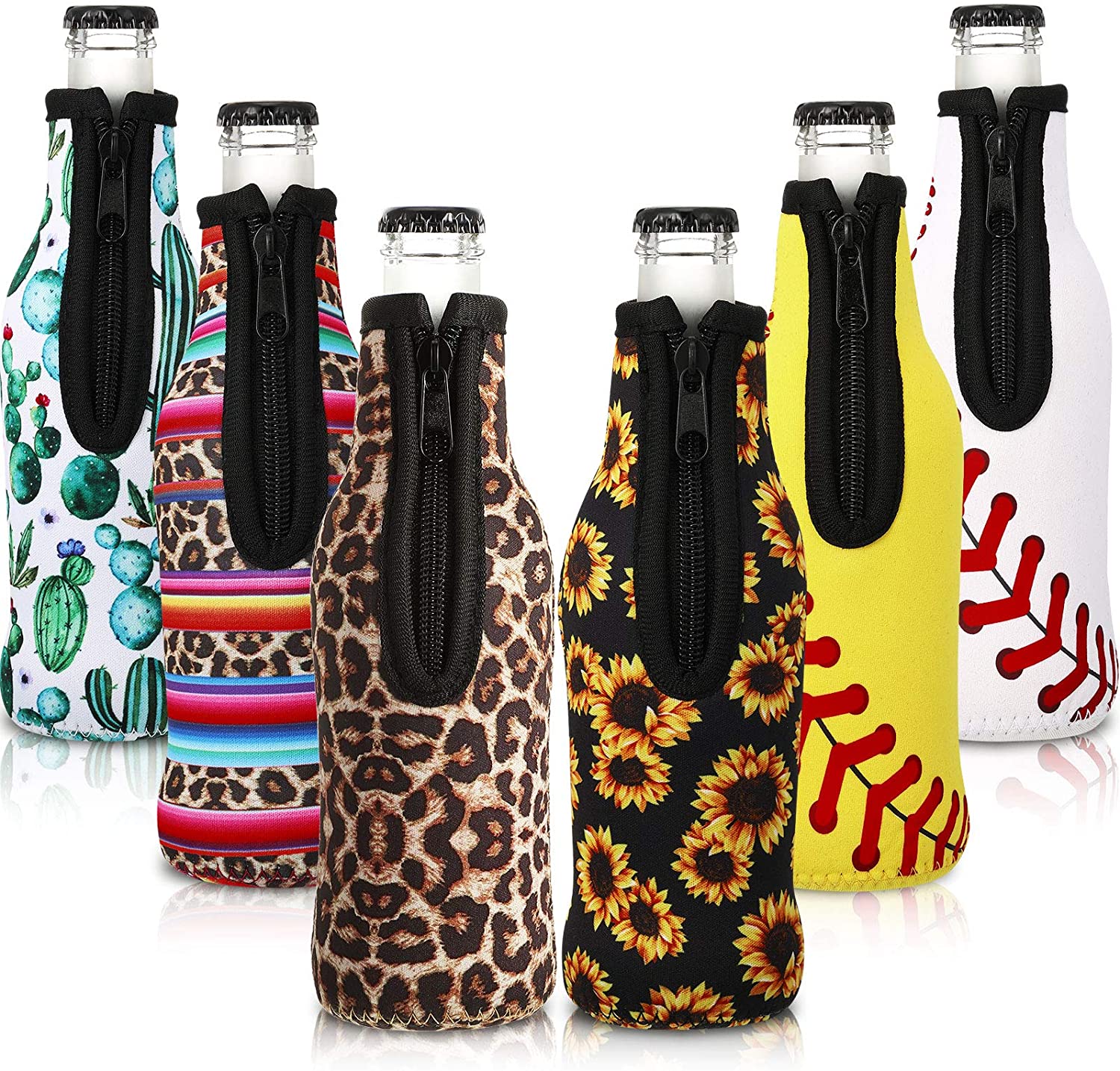 6pcs Beer Bottle Cooler Sleeves with Ring Zipper Collapsible Neoprene Insulators for 12oz 330ml Bottles Party Drink Coolies: A 6 different