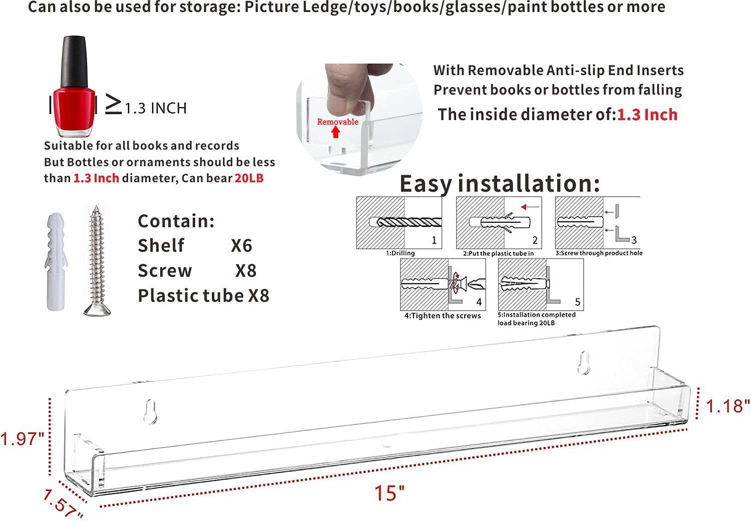 6 Stuks Clear Acryl Onzichtbare Drijvende Rack Wall Mount Organizer Nagellak Opbergrek Display Planken Nail Art Opslag Rekken