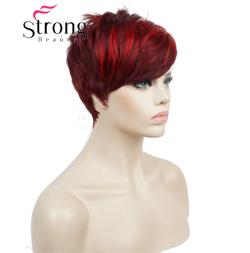 Peluca corta StrongBeauty, pelucas totalmente sintéticas asimétricas de explosión lateral, opciones de color negro y rojo: Red mix