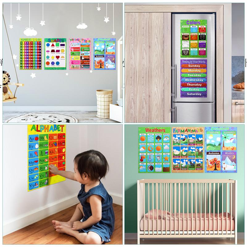 10PCS Educational Preschool Posters Charts for Preschoolers Toddlers Kids Kindergarten Classrooms Includes Alphabet Letters