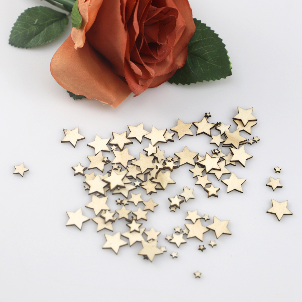 100PCS Mixed Size Wood Star Crafts Natural Unfinished Wooden Star Cutouts Blank Wooden Crafts Pieces Wood DIY Scrapbook Party