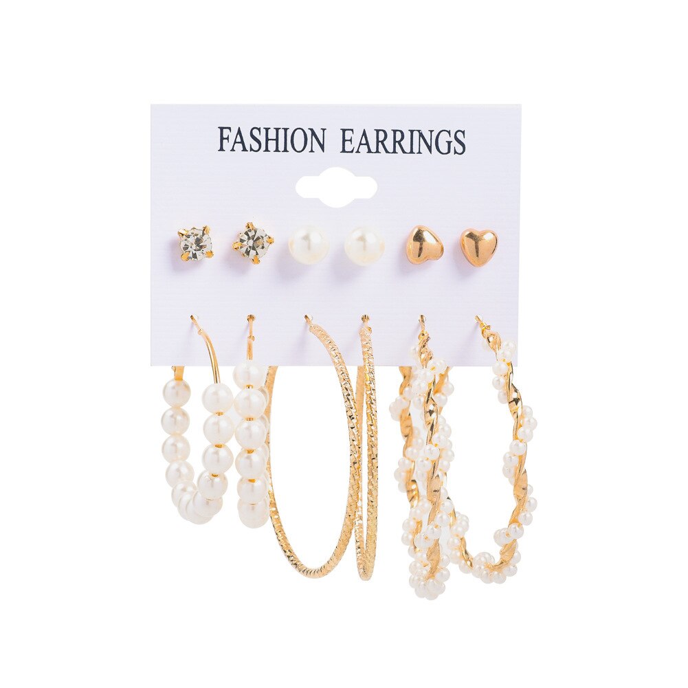 6 pçs embalado brincos conjunto novo estilo espiral pérola grande círculo simples liga folha de orelha anel combinação conduta: JY007 19