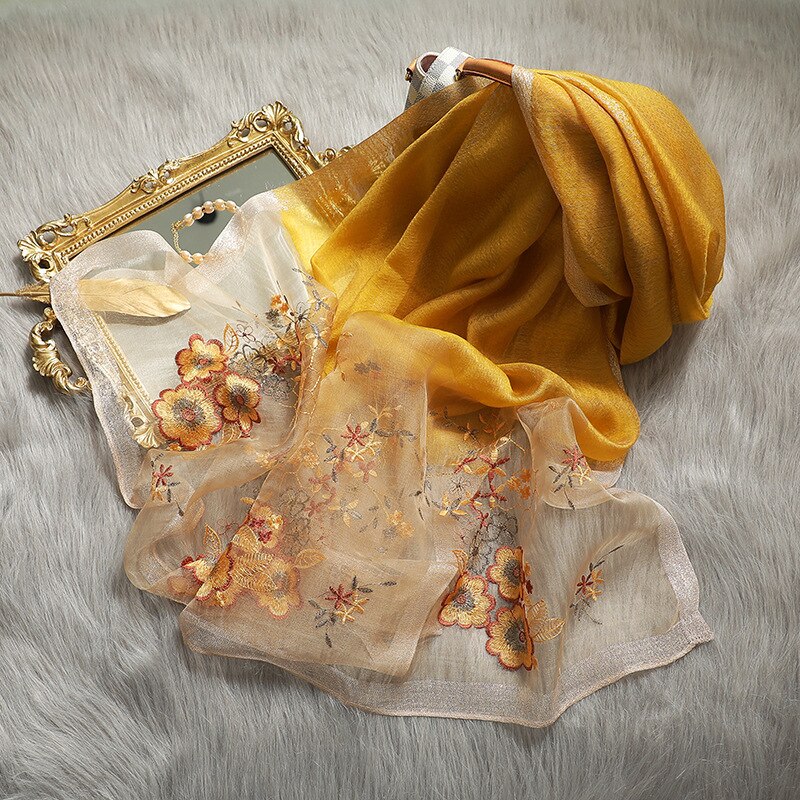 Kvinder silkeuld blomster broderi foulard pashmina hijab sjaler indpakning luksus solid kashmir vinter tørklæder: Sm -1- gul
