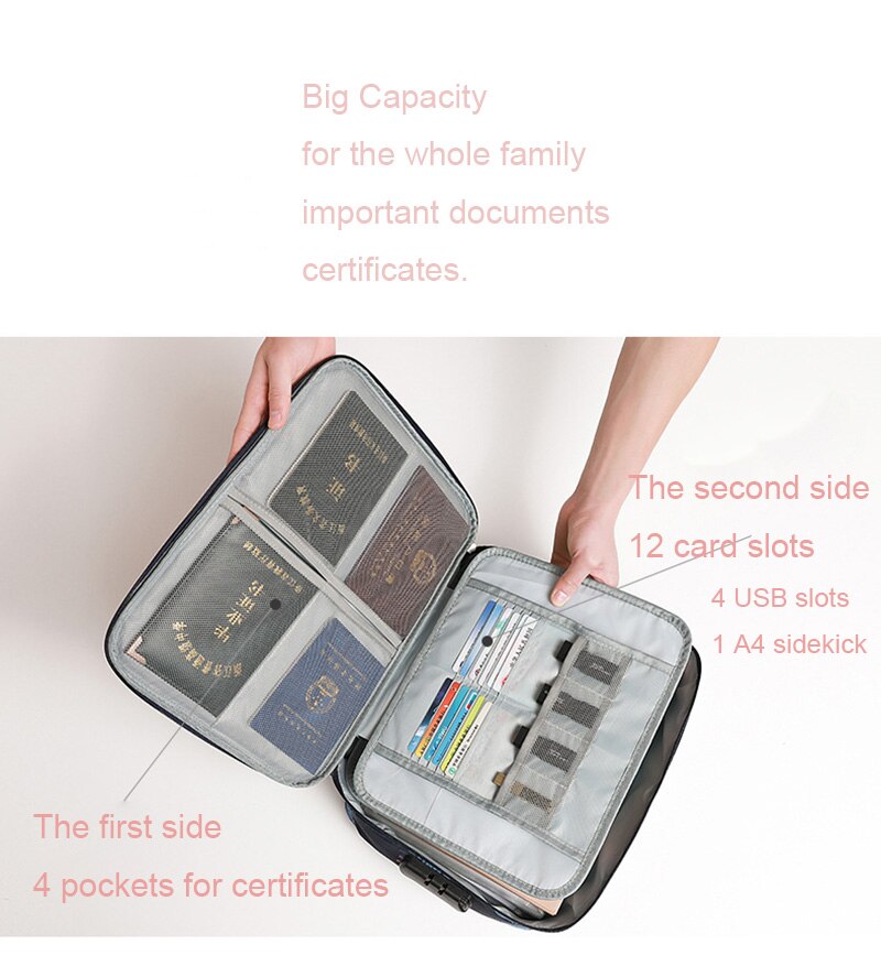 Travel Documents Organizer Bag for A4 Papers Storage Certificate Diploma File Pockets Two Three Layers Code Lock Choose