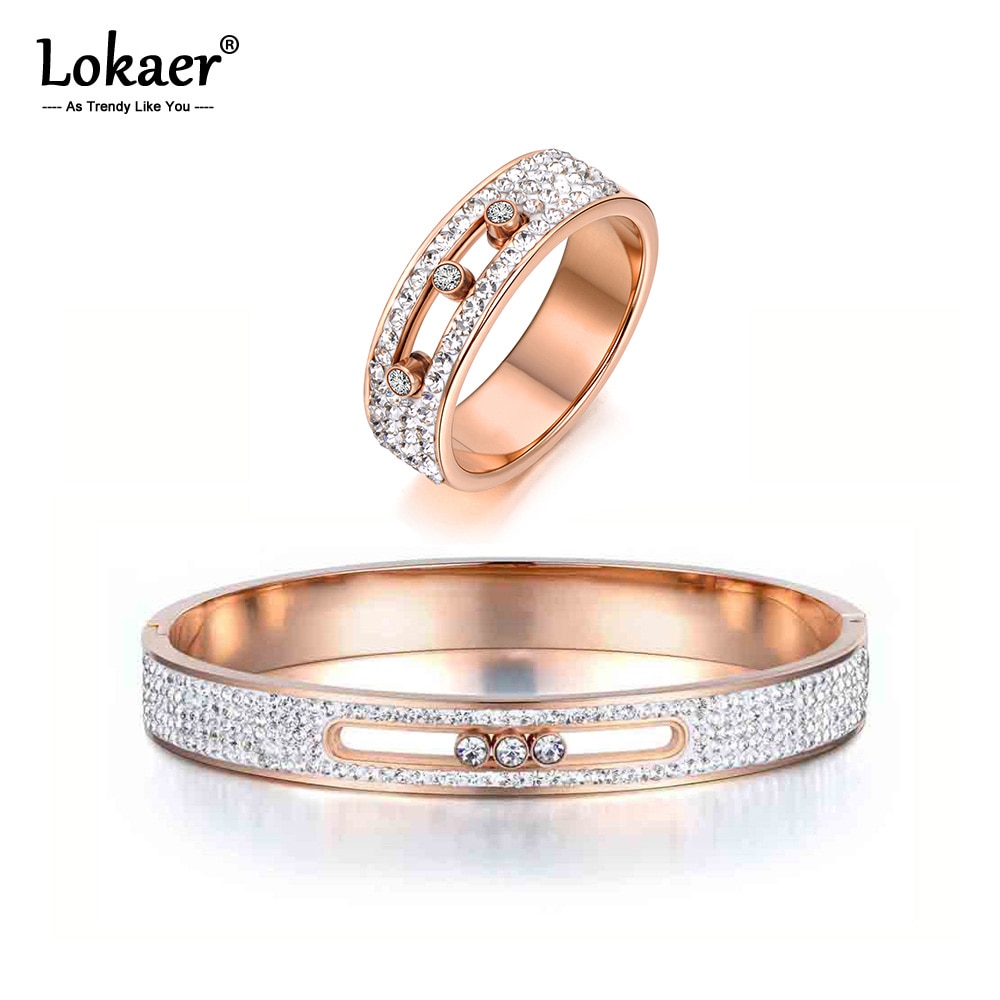 Lokaer Classic Mosaic Clay Rhinestone Crystal Rings Bangle Sets Titanium Steel Rose Gold Color Wedding Jewelry For Women SE022