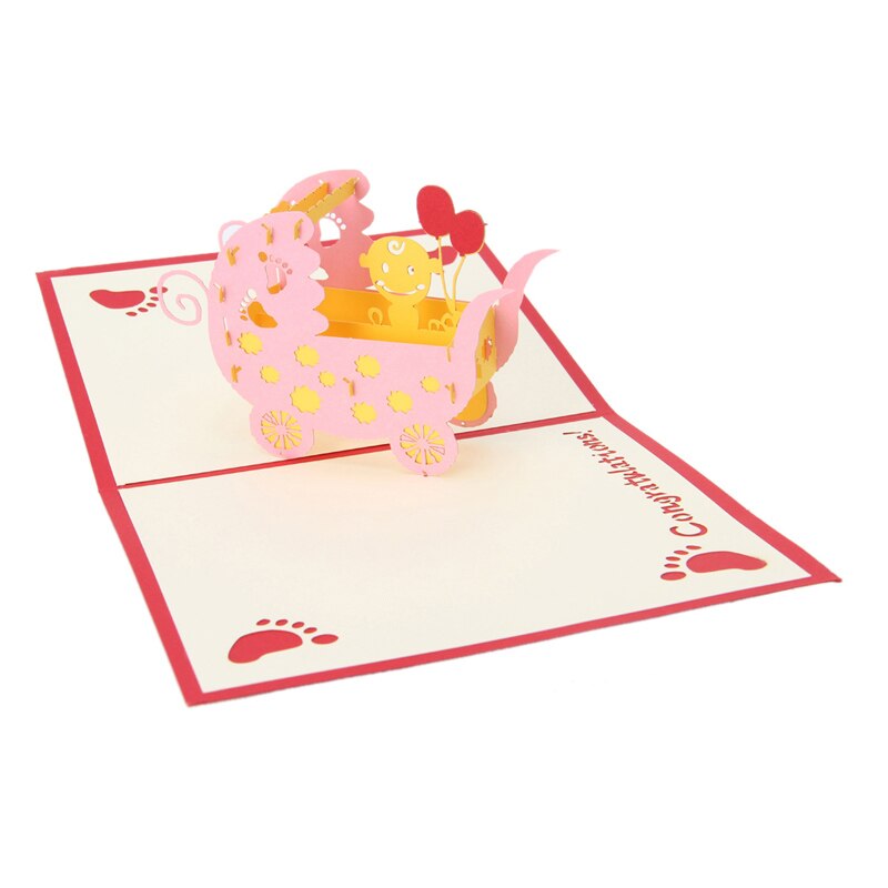 3D Baby CarriagesGreeting Karte Pop hoch Papier schneiden Postkarte Geburtstag Party: Rosa