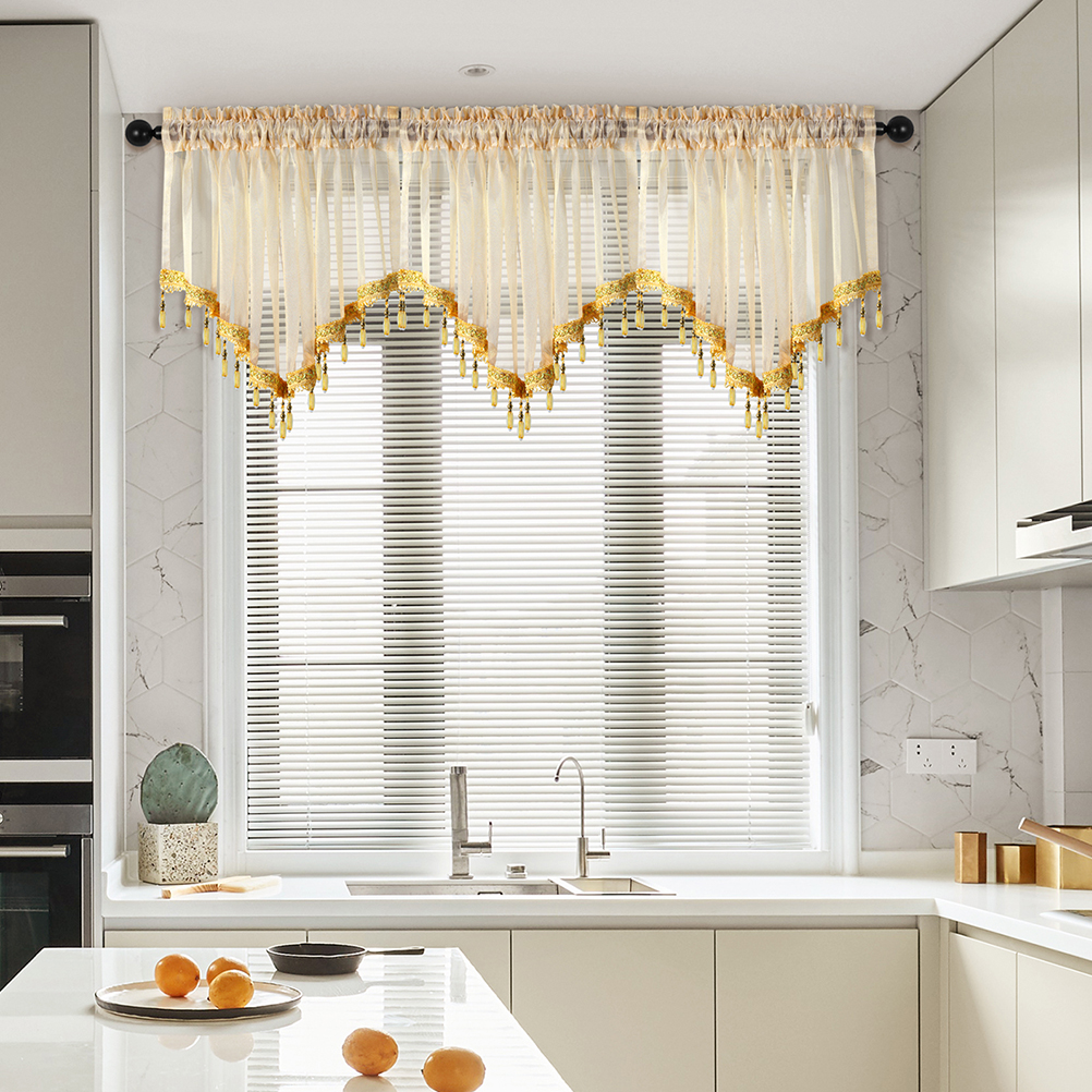 1Pc Pure Kleur Gordijn Valance Met Kralen, Staafzak, Modern Nieuw Valance Voor Woonkamer, Transparante Dunne Doorschijnende Valance