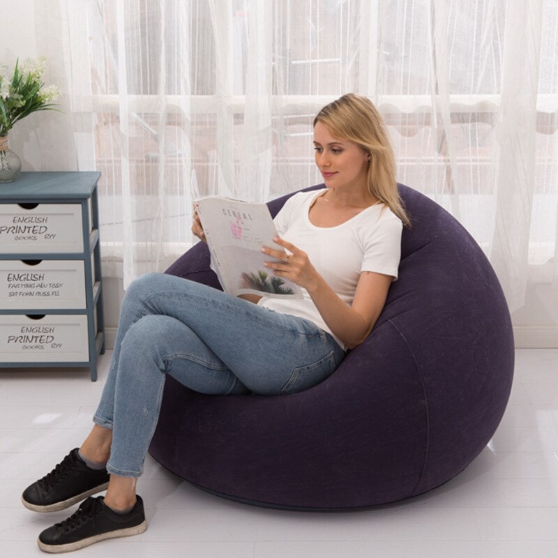 Modern ball shape flocking PVC inflatable sofa , living room bean bag chair: blue