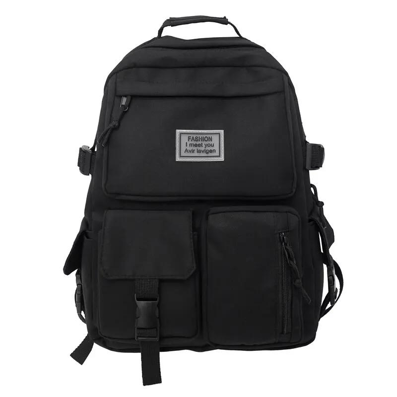 Large-capacity Multi-pocket Men and Women Universal Nylon Leisure Simple Schoolbag Insert Buckle Computer Backpack: black
