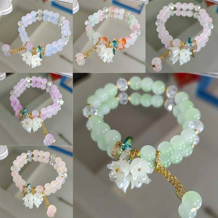 Bonita pulsera de cuentas de cristal verde para mujer, pulsera elástica ajustable con dije de flor de Lily Valley, joyería de cumpleaños y boda