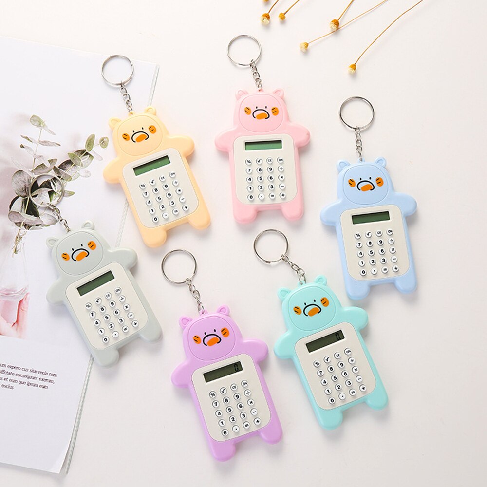 Portable Cute Cartoon Calculator Mini Bear Calculator 8 Digits Display with Keychain Button Battery Pocket Size Calculator