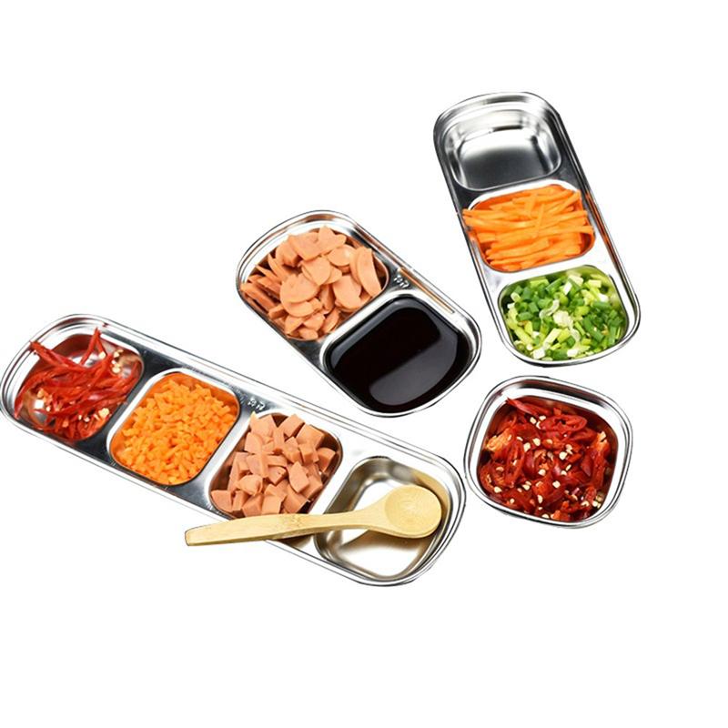 2PCS Stainless Steel Dip Dish Condiment Plate Sub-Grid Flavored Sauce Vinegar Bowl Compartment Seasoning Dipping Plates (3-Grid)