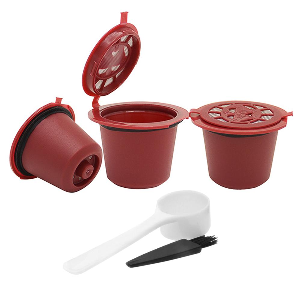 3pcs Refillable Reusable Coffee Capsule Filters for Nespresso Coffee Machine with Brush Spoon Coffee Accessories: Red