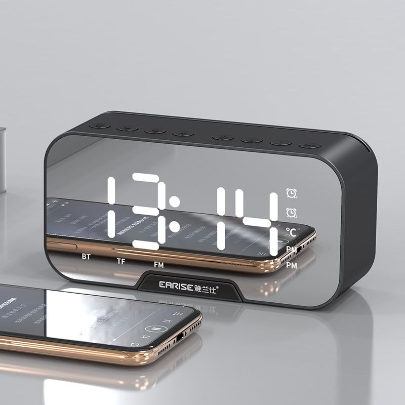 Digital fm radio alarm spejl multifunktion dual alarm mode elektronisk led bord ur trådløs bluetooth musikafspiller: Sort