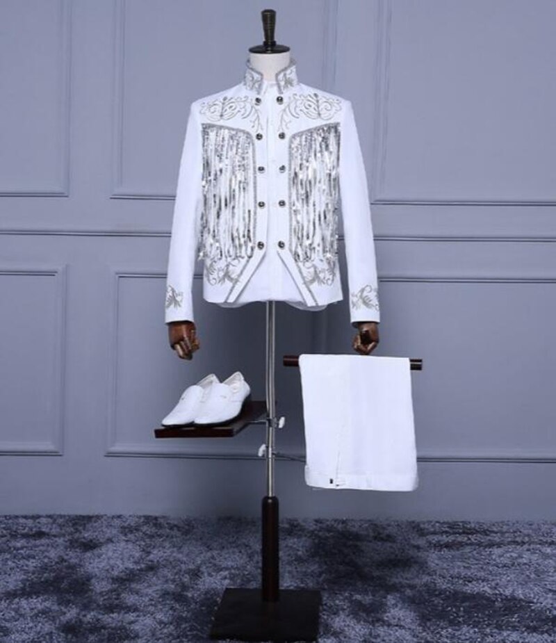 Shenrun Men&#39;s Black White Suit Jacket Sequins Embroidery Gold Silver Twinkle Tassel Blazers Slim Fit Stage Dress Singer Costumes: white jacket / L
