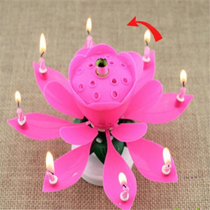 1pc smukke blomster lotusblomstlys fødselsdagsfest kage musik gnistre kage topper roterende lys dekoration: Lyserød