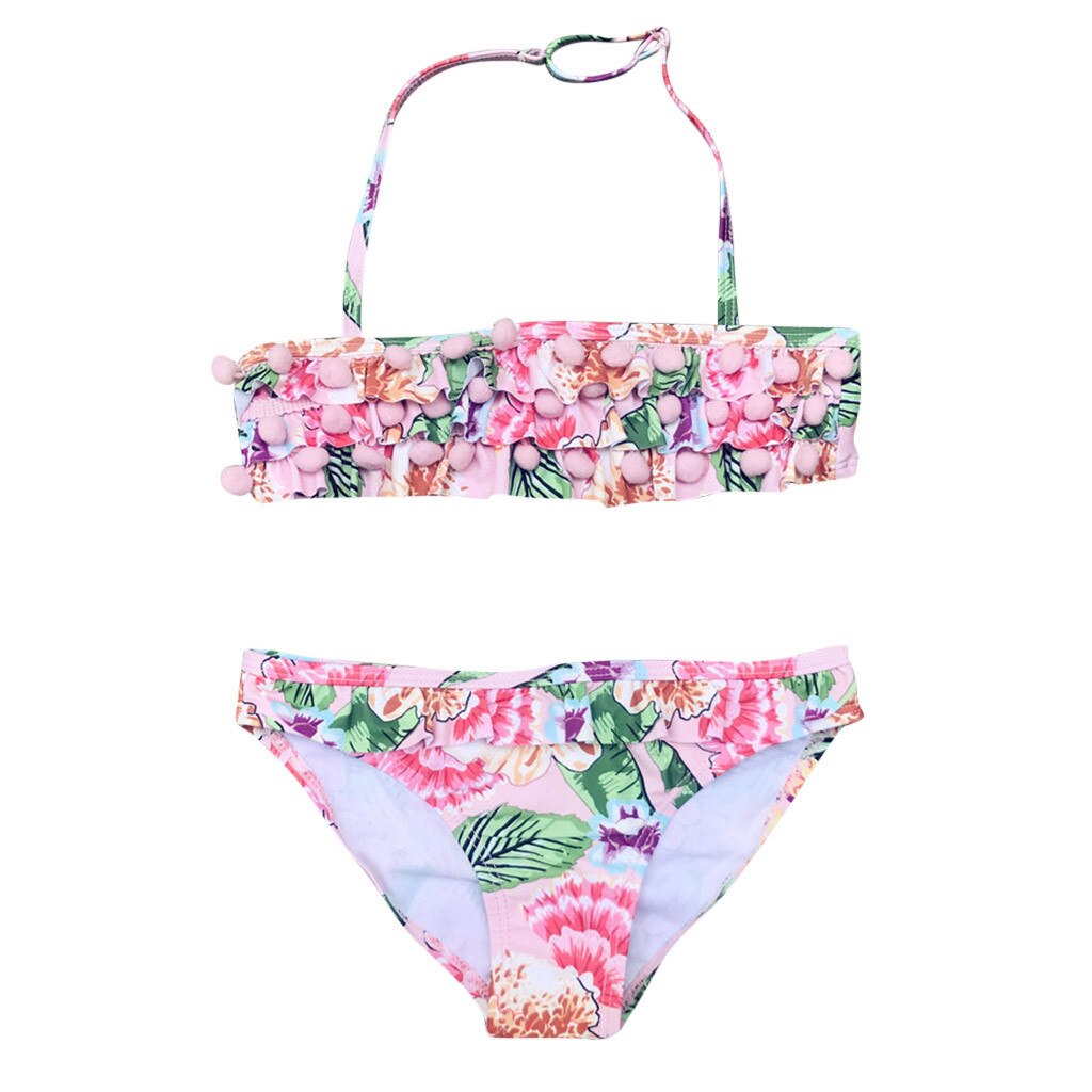 Girls swimwear summer Toddler Kids Baby Girls Ruffles Floral Strap Swimsuit Beach Swimwear Bikini Set детский купальник#guahao: Pink / 2 Y