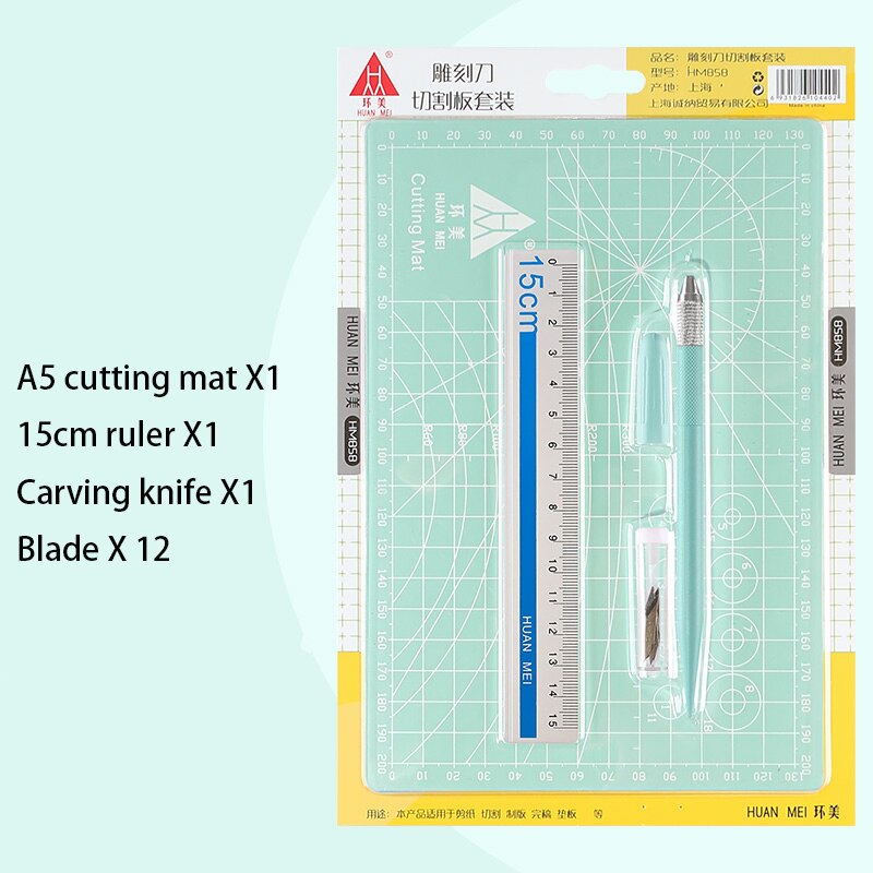 A5 Schneiden Matte Set Cut Pad Aluminium Lineal Carving Messer Ersatz Klinge Gravur Stift Messer Tool Set DIY Aufkleber Washitape werkzeuge: A5 mint green suit