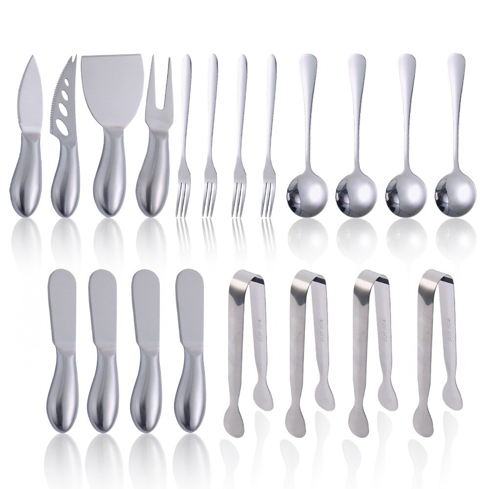 14/20pcs Gold Cheese Knife Set Cheese Spreaders Knife Butter Slicer with Mini Serving Tongs Spoons and Fruit Forks Knives Set: 20pcsSilver