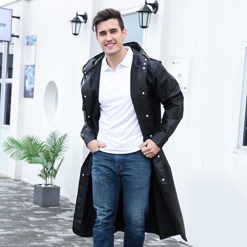 Chubasquero largo para hombre y adulto, Poncho impermeable de plástico con cordón y estampado de letras, a la , color negro