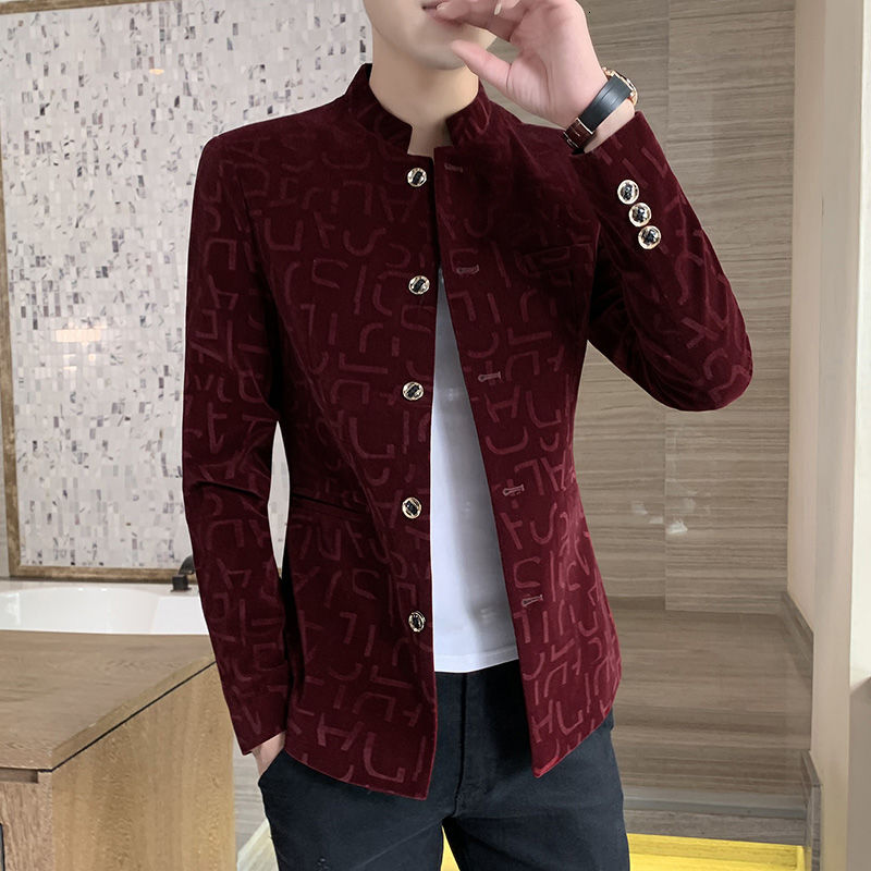 Stativ i kinesisk stil röd sammet kavaj herr mjuk slim fit kostym kavaj kavaj herr bankett fest herr kavaj hombre