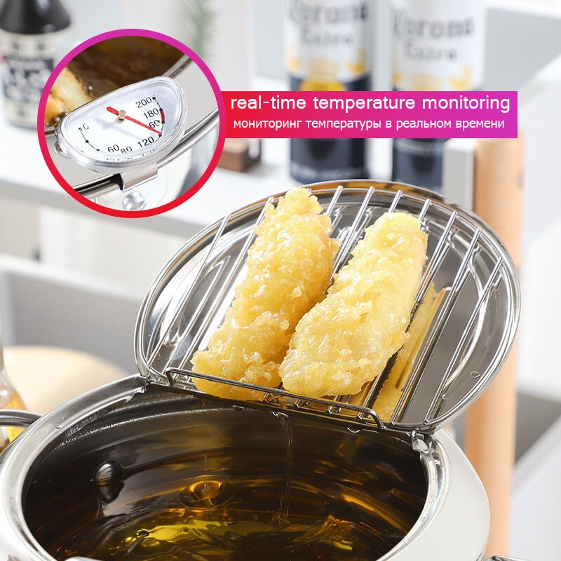 Japanese Deep Frying Pot with a Thermometer and a Lid 304 Stainless Steel Kitchen Tempura Fryer Pan 20cm
