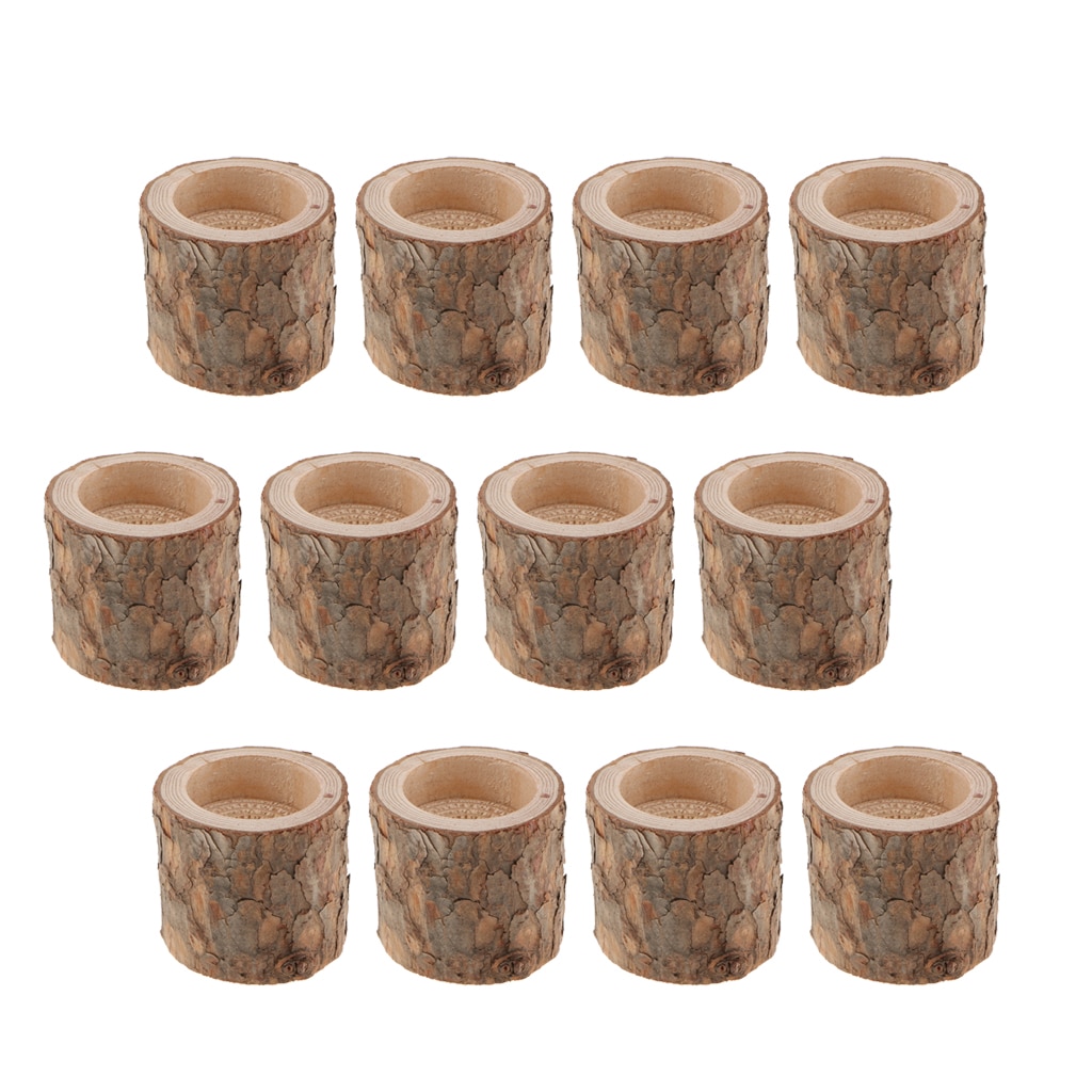 Set van 2 houten theelichthouders, 12 cm hoog, kandelaars, veren, kaarsenstandaard, tafeldecoratie