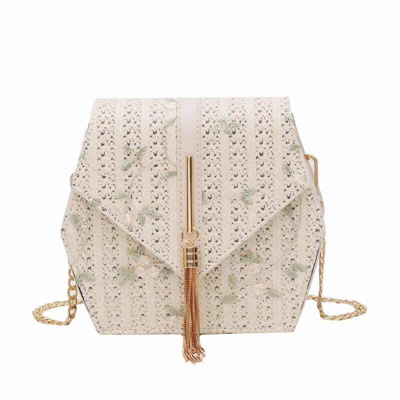 Hexagonale stijl stro kant borduurwerk tas handtassen vrouwen zomer rotan tas handgemaakte geweven strand bohemien handtas: Groente