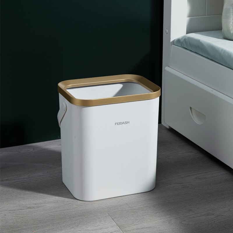 15L Kitchen Bathroom Trash Can with Handle Golden Luxury Square Trash Bin Office Paper Recycling Wastebasket Storage Box