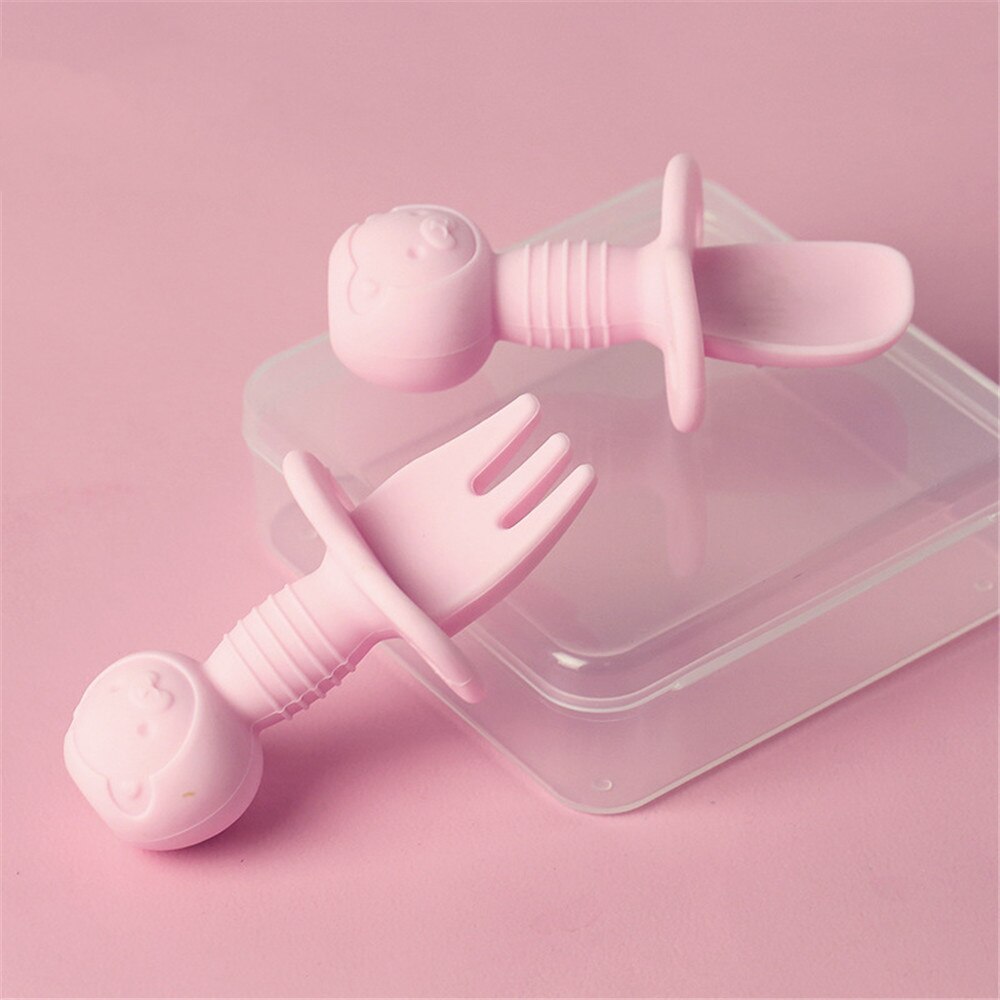Baby training spork silicone see spoon fork fork spoon children cartoon small spork transparent PP box: Pink
