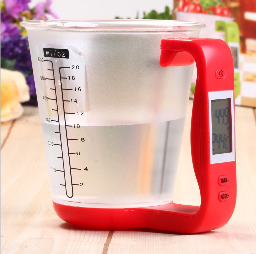 Hostweigh Maatbeker Keukenweegschaal Digitale Beker Weegschaal Elektronische Tool Schaal met Lcd-scherm Temperatuur Meting Cups: Red