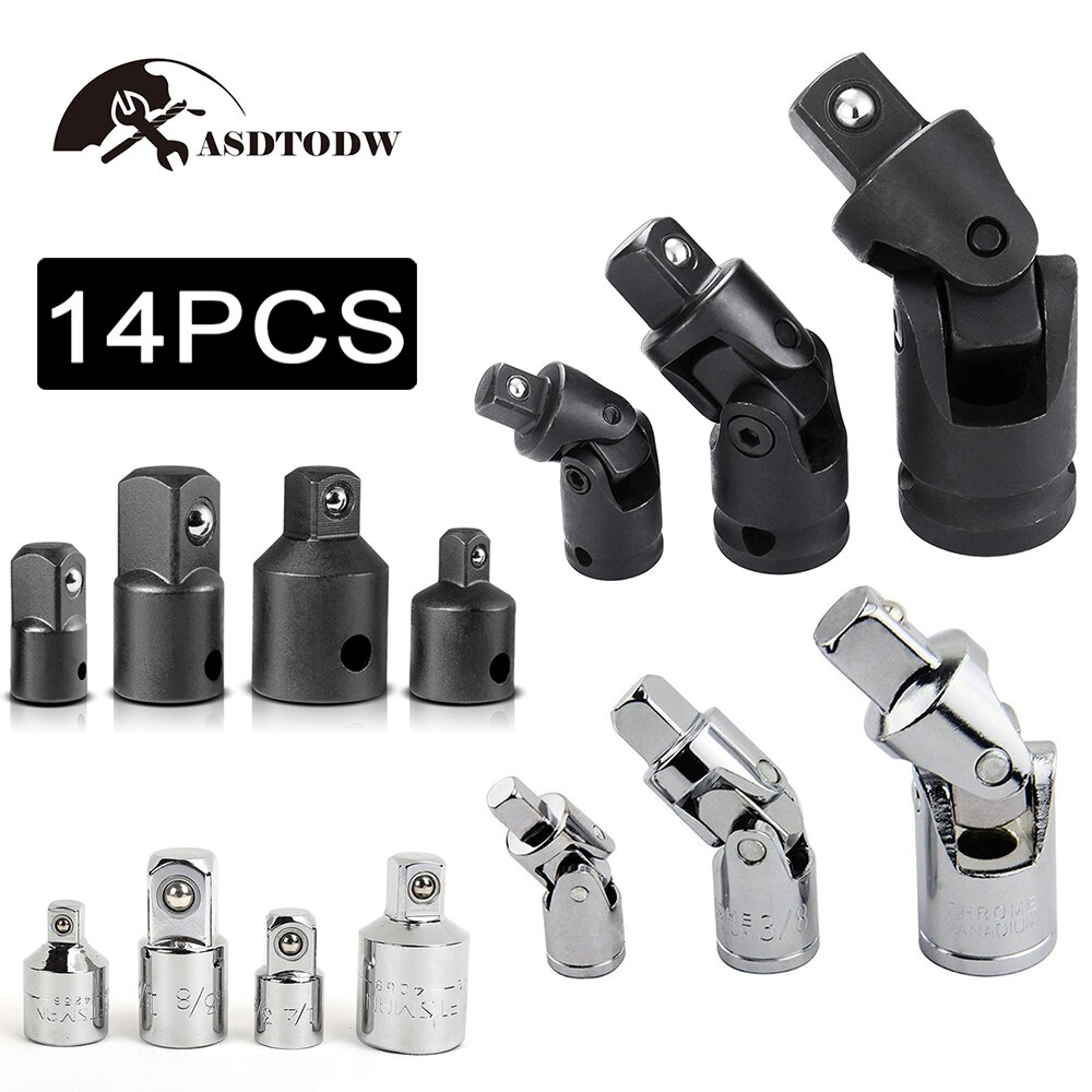 1/4" 3/8" 1/2" Universal Joint Set Ratchet Angle Extension Bar Socket Adapter Manual and Pneumatic Bendable Adapter Socket Tools: 14pcs