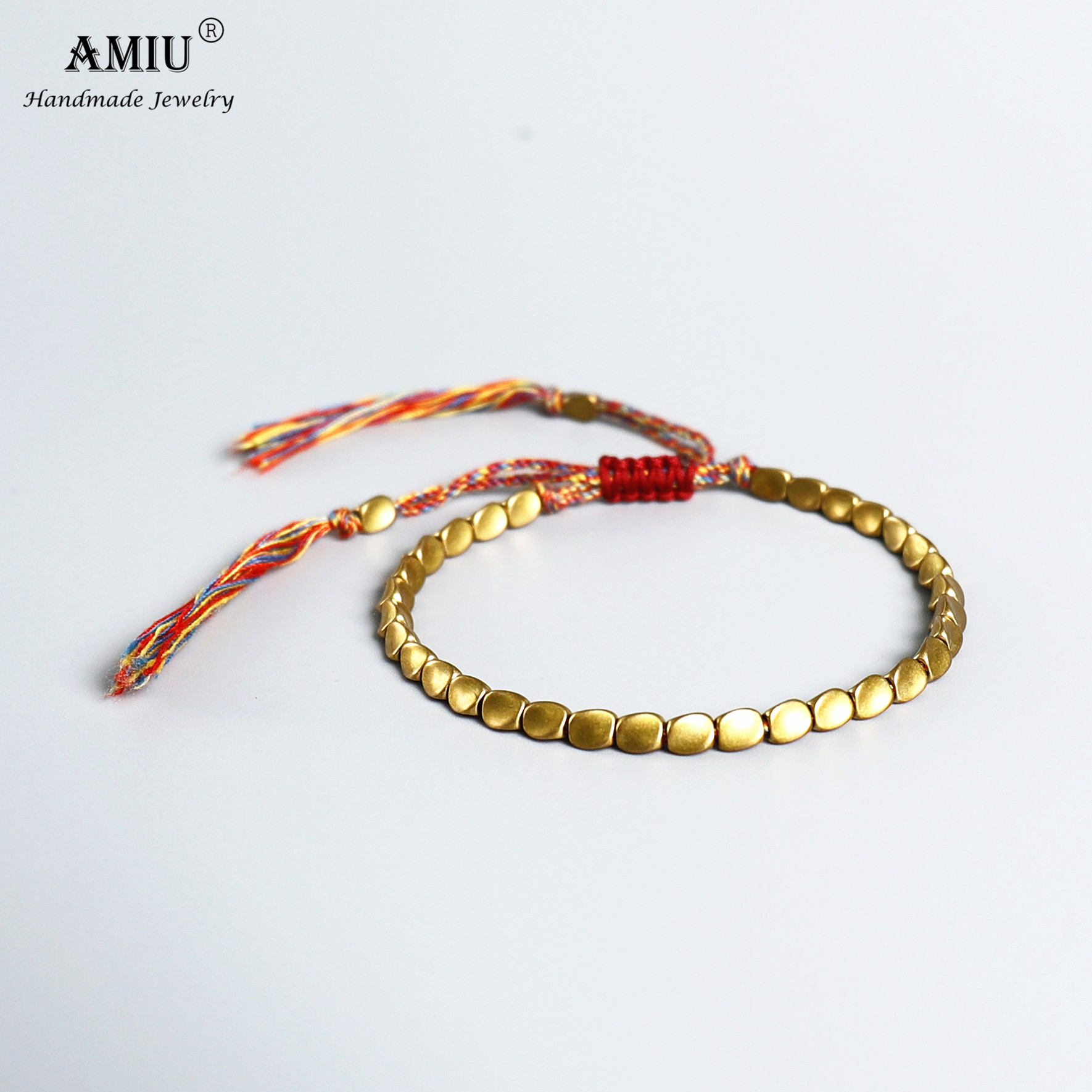 Pulseira de algodão feita à mão amiu, contas de cobre tibetanas, corda da da sorte, bracelete para mulheres e homens
