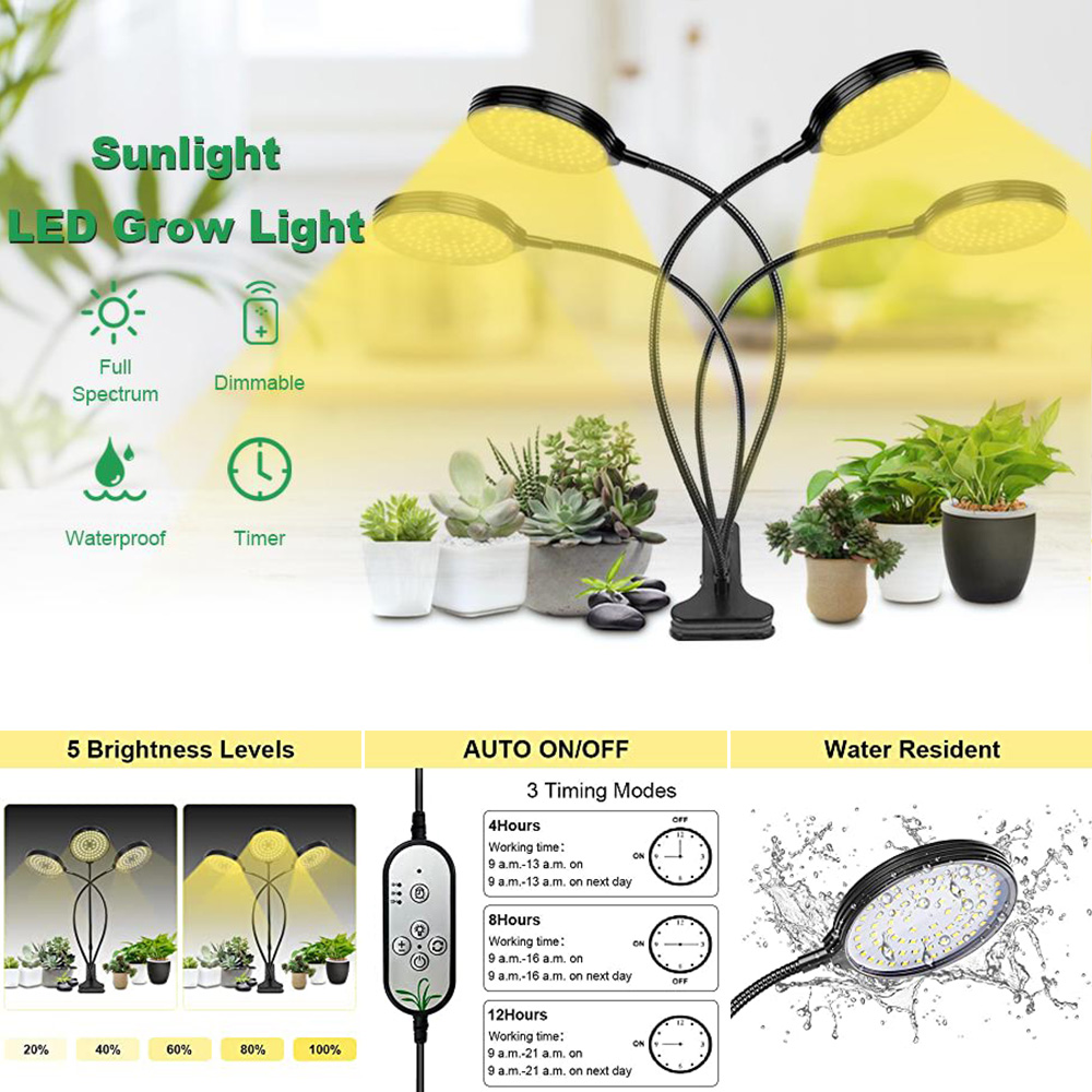 Luces LED de cultivo de plantas de 1/2/3/4 cabezales, lámpara Phyto de espectro completo regulable con Clip, temporizador de encendido/apagado automático, luz de cultivo de vegetales y flores para interiores