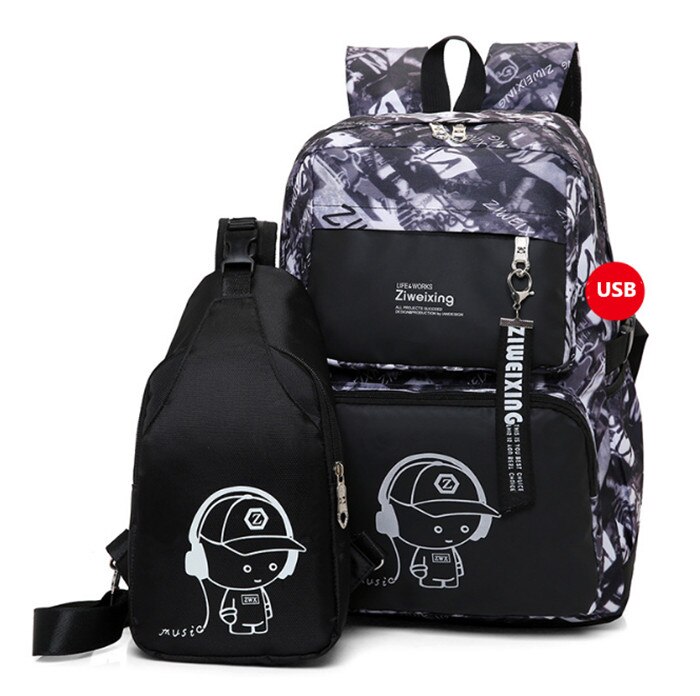 2 Stks/set Usb Mannelijke School Rugzak Voor Jongens Borst Tas Student Laptop Rugzakken Mannen Schooltassen Voor Vrouwen Reizen tas Mochila: Gray