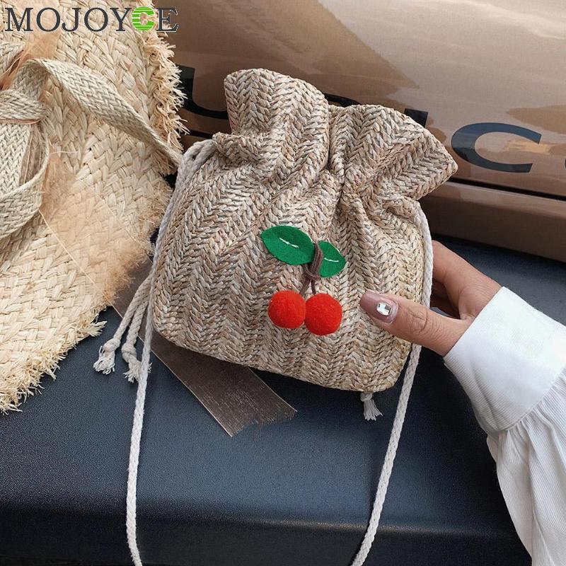 Petites filles décontracté paille cerise seau bandoulière sacs à bandoulière femmes sauvage été plage cordon poche Messenger sacs