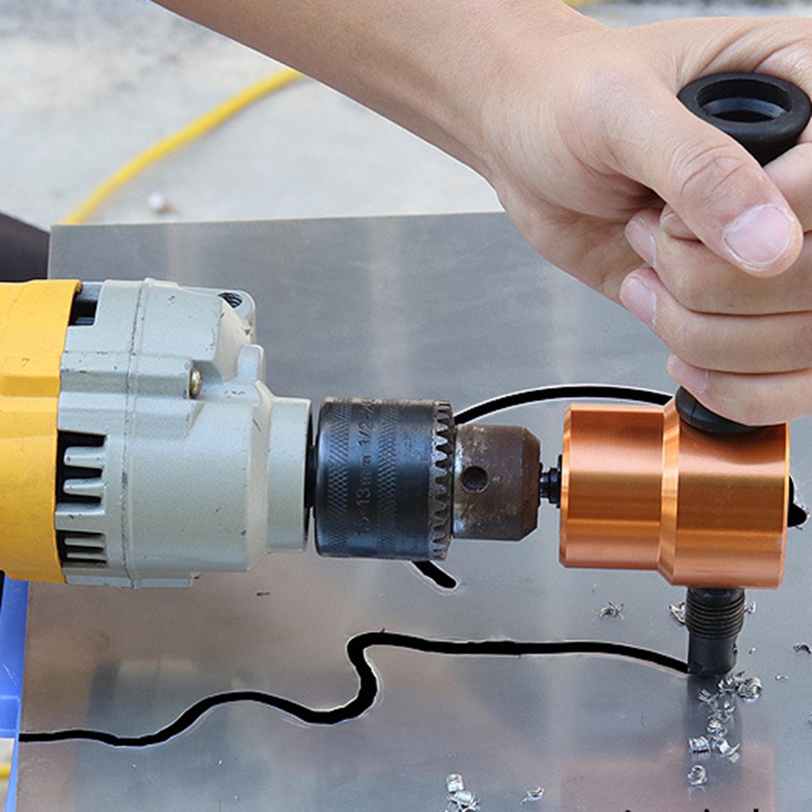 Cortador de láminas de Metal, mordedor de hierro de doble cabezal, herramientas eléctricas de corte, accesorios de fijación de taladro eléctrico, tijeras perforadoras de placa de coche
