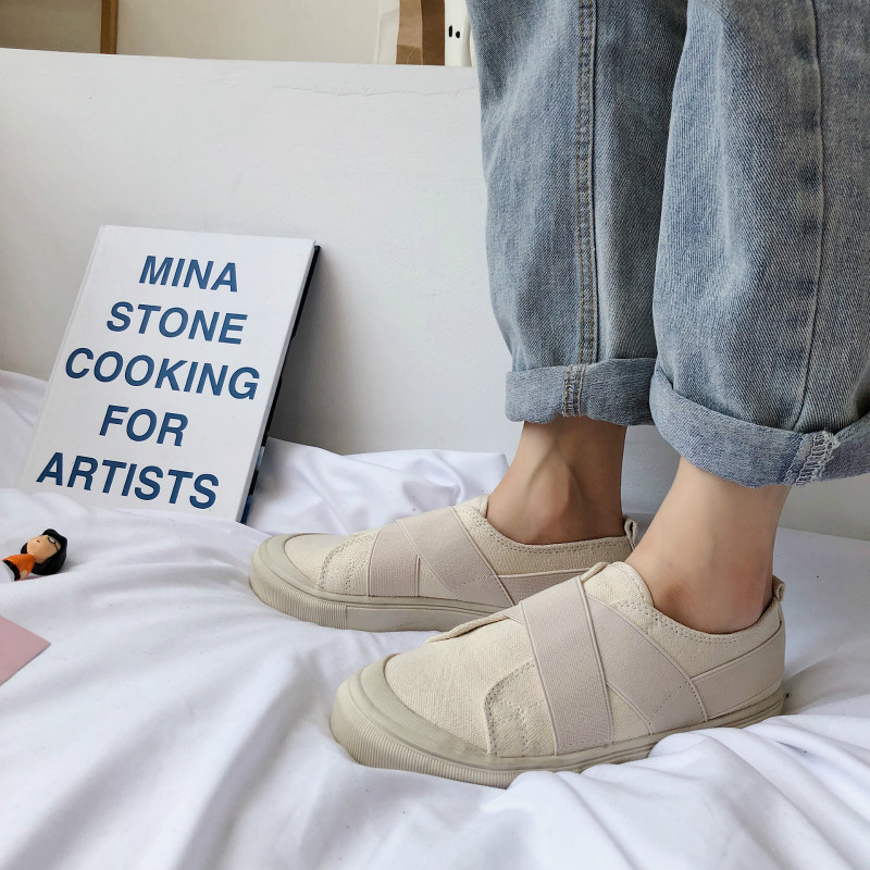 Canvas Shoes Students Girl Casual Shoes Beige Sneakers Slip on Loafers Round Head Elastic Band All Match Simple Concise Style