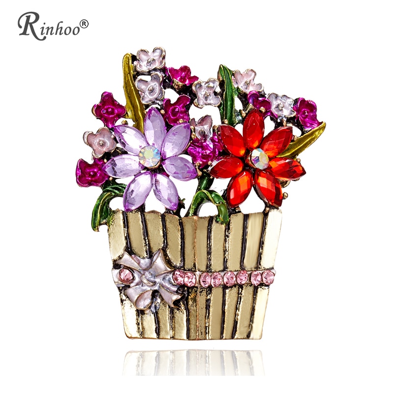 Broche RINHOO A la con forma de cesta de flores, plantas, cristal, estrás, joyería Vintage para el día de la madre, broche colorido, Pin para mujer