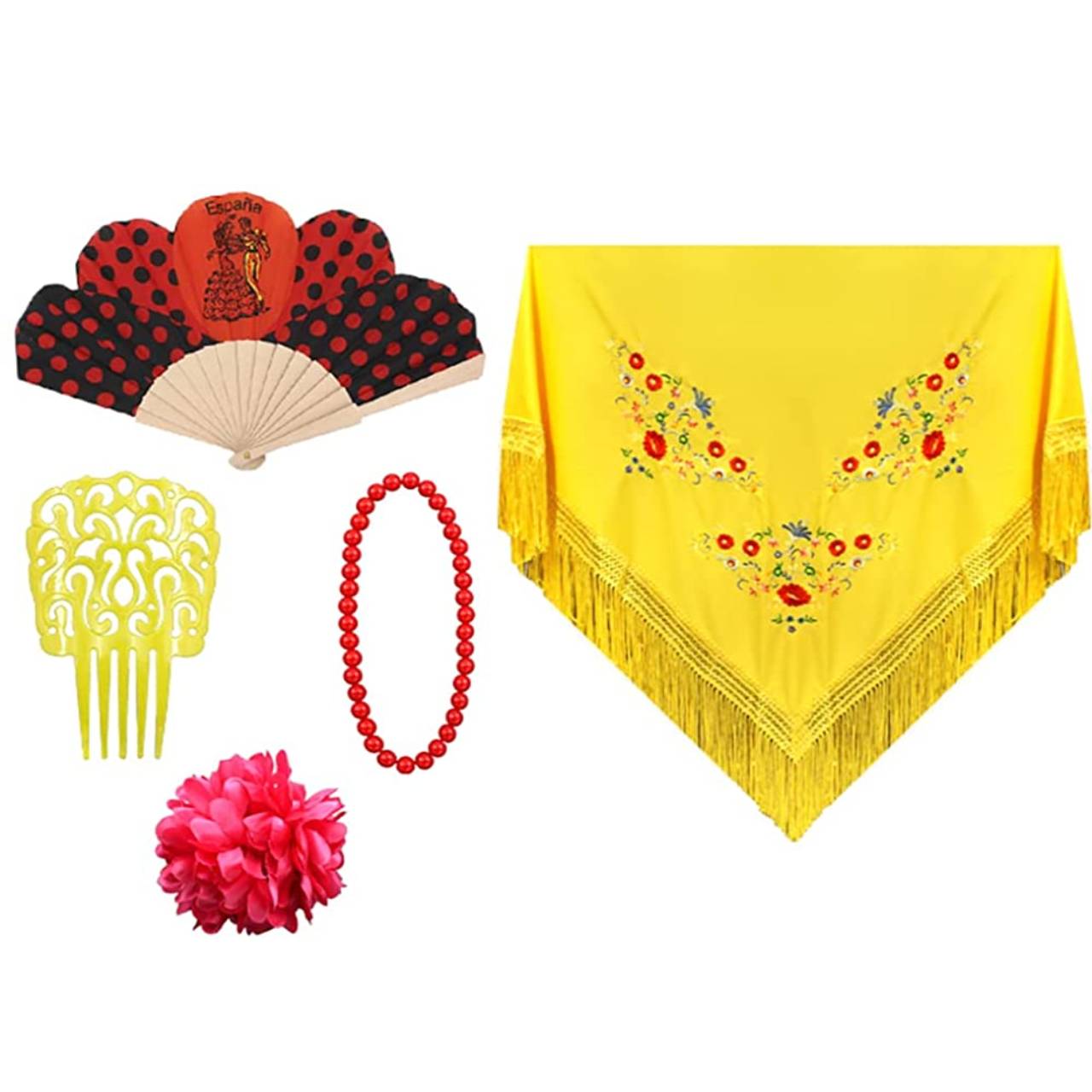 Accesorios Mantilla de Flamenca para Mujer, Disfraces de Sevillana para de Abril Feria, Pack Completo Accesorios