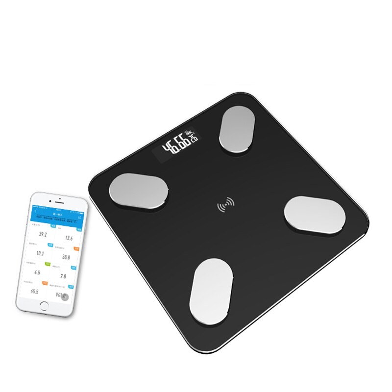 Lcd digital kropsfedt skala smart stemme bluetooth app elektroniske vægte til ios badeværelse husholdning balance: Sort brug batteri