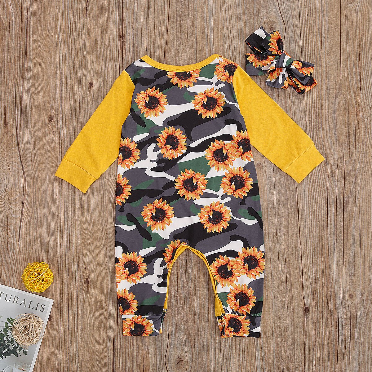 Infantil respirável manga longa macacão verão outono bebê meninos meninas girassol camuflagem impressão macacão + arco headwear conjunto